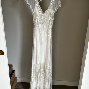 Ivory Beaded V-Neck Sequin wedding Gown retro Jenny Packham